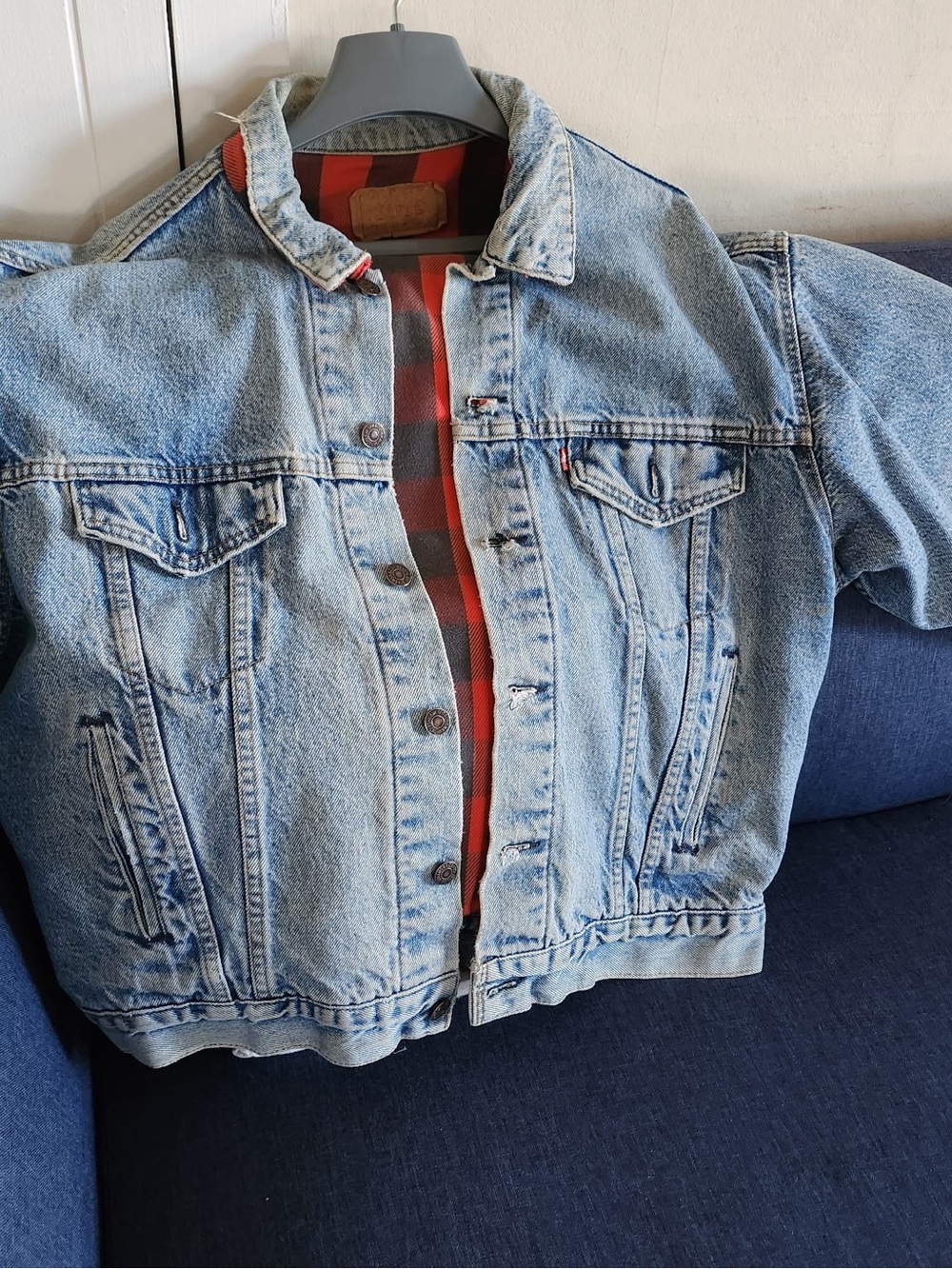 Vintage Levi Classic Light Wash Denim Jacket with Red Plaid Lining